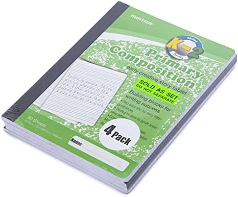 Mintra Primary Composition Notebook, 4 Pack, Assorted Colors 80 Sheets, 7.5in x 9.75in, Full Sheet, Ruled with Drawing Area, Flexible Hardcover Journal, Grade K-2, School & Home Use