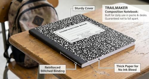 Trail maker 5 Pack Composition Notebooks, Wide Ruled Marble Cover, 200 Pages (100 Sheets), 9.75 x 7.25, Bulk School Supplies for Classroom, Office & School Donations