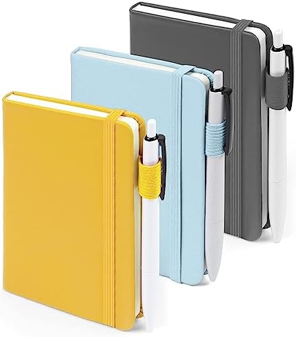 feela Pocket Notebook Journals, Mini Cute Small Hardcover College Ruled Notepad Office School Supplies, with 3 Black Pens, 3.5”x 5.5”, 3 Pack, A6, Solid Colors, Gray, Yellow, Light Blue