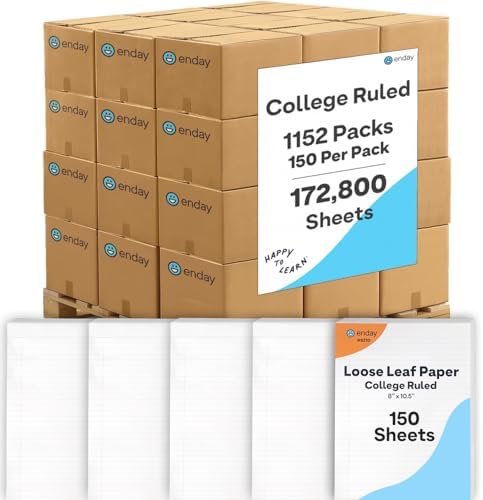 1152 Pack (Pallet) Loose Leaf Paper Bulk, 172800 Sheets, Collage Ruled, 150 Sheets Per Pack, 8 x 10.5", Pallet of Filler Paper, 3 Hole Punched, 4-7 Days Transit