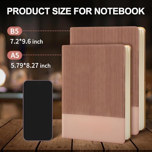 Lined Journal Notebook for Work College Ruled Note Book 5.79"x8.27" A5 PU Leather Daily Journaling 216 Pages for Women Men Writing Home School Supplies Business (Khaki/Darkpink)