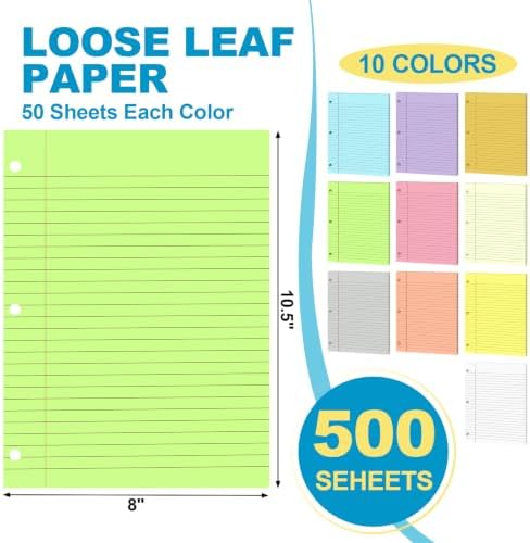 TUXIYA 500 Sheets 10 Colored Loose Leaf Paper, 8x10.5 College Ruled 3-Hole