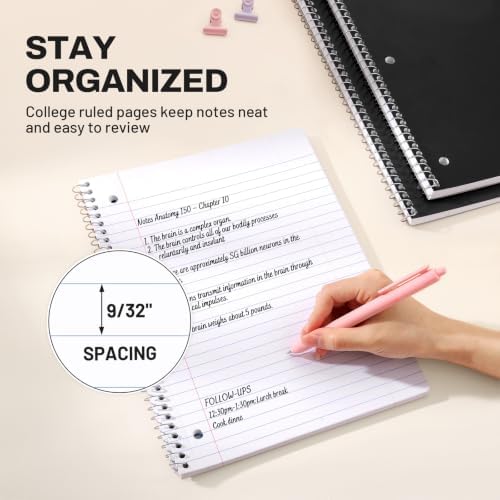 SUNEE Spiral Notebooks, 3 Pack, 1-Subject, College Ruled Paper, 8" x 10-1/2", 70 Sheets per Notebook, Black