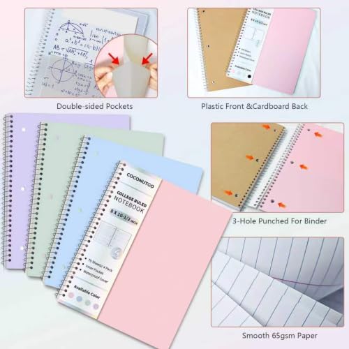 4 Pack Spiral Notebooks, 1 Subject College Ruled, 10.5 x 8 in, 70 Sheets Each, 3-Hole Punched Perforated Pages, Plastic Covers with Pockets, Silver Coil, Assorted Colors