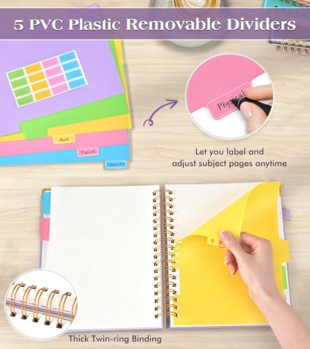5 Subject Blank Notebook with Removable Dividers Tabs, 300 Pages Hardcover Leather Sketch Book Spiral Journal, 8"x10" B5 Large Sketchbook Notebooks for Women Men Work School Sketching Drawing, Purple
