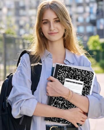 CLEENTABLE Composition Notebook 5 Pack, Wide Ruled Paper, Marble Cover Notebooks for School, 9.75 x 7.5 Inches, 100 Sheets (200 Pages), Sewn Binding Comp Books, Black
