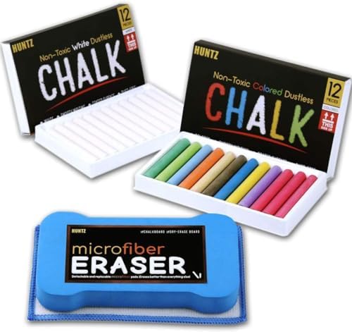 Huntz Dustless Chalk Set with Microfiber Eraser, Washable & Reusable – 12 White + 12 Colored Chalks, Includes Eraser