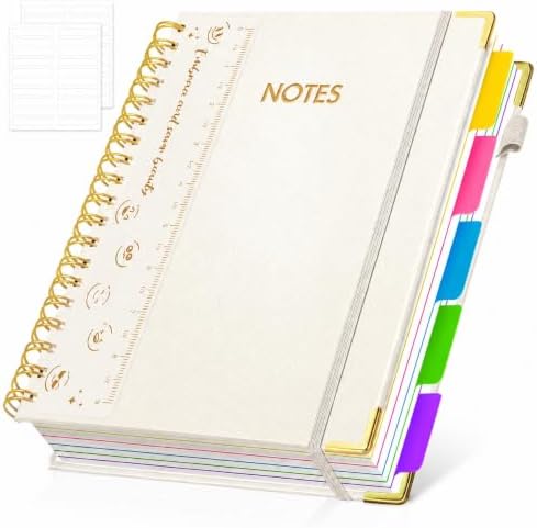 Hardcover Spiral Notebook Journal, 8"x10" Large B5 Notebooks with Removable Dividers Tabs, 300 Pages Leather 5 Subject Notebook College Ruled, Lined Journal for Women Work School Note Taking, White