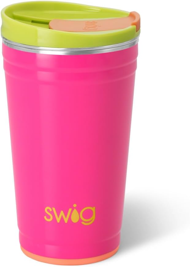 Swig Life 24oz Party Cup, Stackable Insulated Travel Coffee Tumbler with EZ Slider Lid, Cup Holder Friendly, Stainless Steel 24 oz Tumbler, Reusable Coffee Mug (Tutti Frutti)