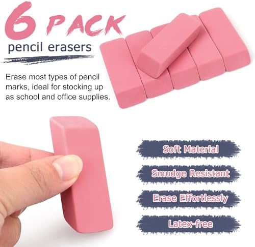Tamaki Large Erasers, Pink, Pack of 6