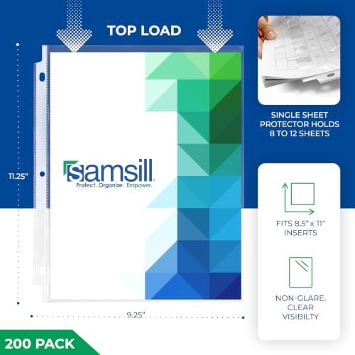 Samsill 200 Pack Heavy Duty Sheet Protectors, Non-Glare, 8.5x11 Inch Page Protectors for 3 Ring Binder, Letter Size Protectors, Reinforced Holes, Non-Glare Protector, Top Loading, Acid Free