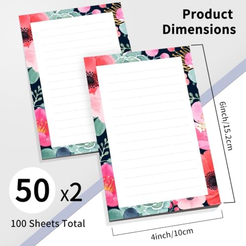 2 Pack Lined Sticky Notes 4x6 in, Cute Self-Stick Notepads with Lines, Large Memo Pads Strong Adhesive for Office, Home Cute Colorful Floral