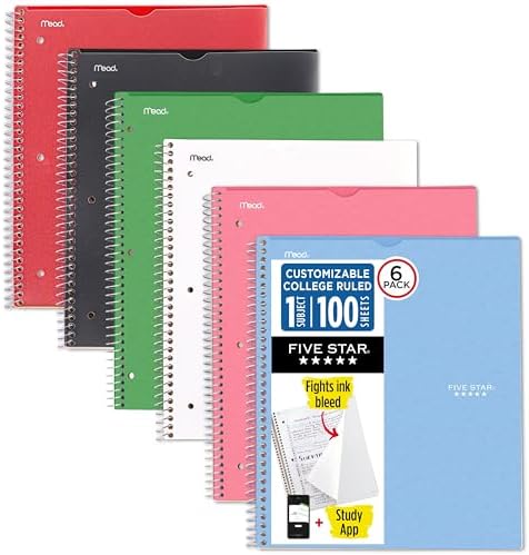 Five Star Spiral Notebook + Study App, 6 Pack, 1 Subject, College Ruled 8.5" x 11" Paper, 100 Sheets, Fights Ink Bleed, Customizable Water Resistant Cover, Assorted Colors (820045-ECM)