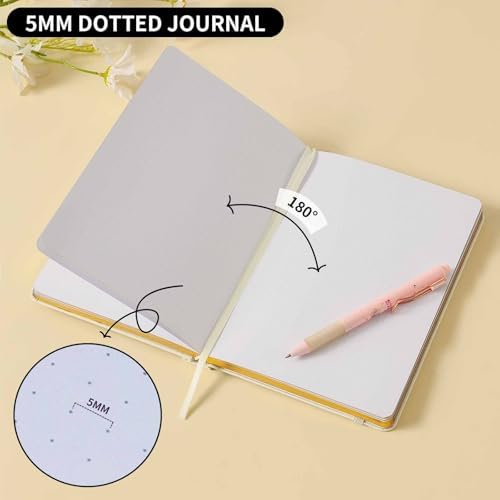 Dot Grid Journal with 160GSM Thick Paper, 192 Pages, A5 Dotted Notebook for Work, School, Travel | 180° Lay Flat, Foil Stamped Cover, Elastic Band, 2 Bookmarks & Inner Pocket (White)