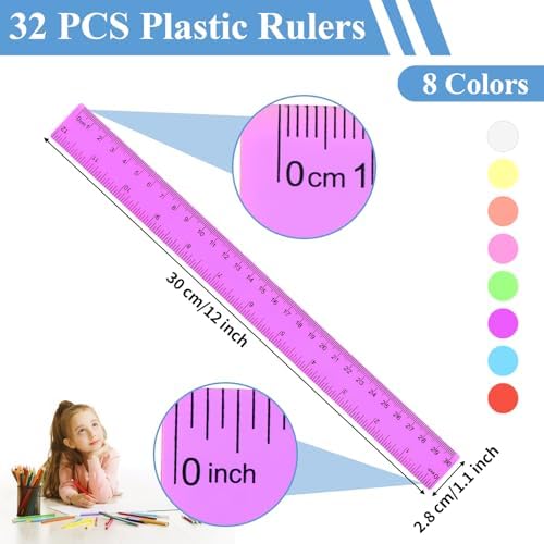 32 Pack Clear Plastic Rulers 12 inch, Ruler Bulk for Classroom and Office