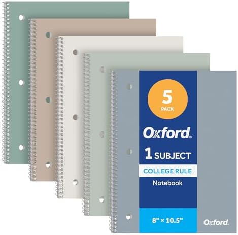 Oxford Spiral Notebooks, 5 Pack, College Ruled, 70 Sheets, Earthtone Covers