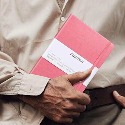 Grid Journal Bullet Notebook - Pink Leather Cover, 8.3 x 5.7Inch, 160 Pages, 100gsm Paper, Hardcover with Inner Pocket, Elastic Closure and Ribbon Bookmark, Great for Women and Men