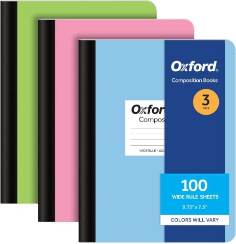 Oxford Composition Notebooks, Cover Colors Vary, Wide Ruled Paper, 9-3/4 x 7-1/2 Inch School Journals, Assorted Pastel Covers, 100 Sheets per Book (1002519), 3 Count (Pack of 8)