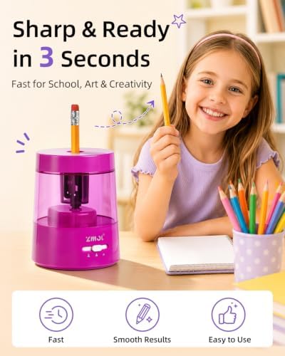 ZMOL Electric Pencil Sharpener, USB or 2 AA Powered, 6-8mm,Fuchsia
