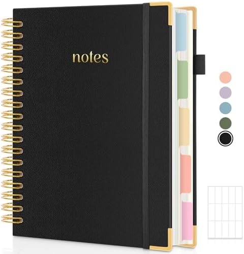 SKYDUE 5 Subject Notebook with Dividers and Tabs, 8" x 10" College Ruled Notebook for Work, 300 Pages Spiral Journal for Women, Black