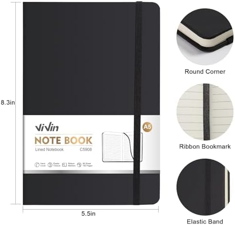 ViVin 8 Pack A5 Hardcover Lined Notebook,192 pg College Ruled 5.5x8.3