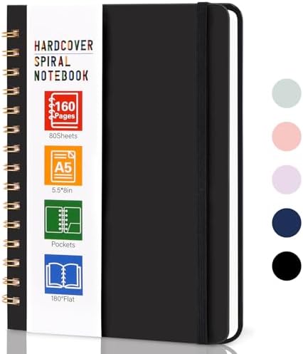 LABUK Spiral Notebook, 160 Pages A5 Lined Hardcover Notebook, 5.5 x 8in Spiral Journal for Women and Man, Work, Writing (Black)