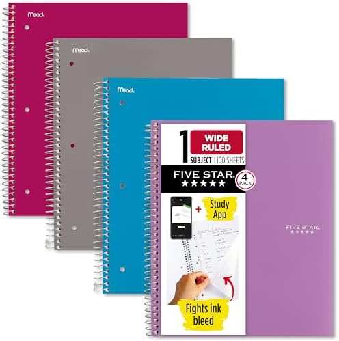 Five Star Spiral Notebook + Study App, 4 Pack, 1 Subject, Wide Ruled Paper, 8" x 10-1/2", 100 Sheets, Fights Ink Bleed, Water Resistant Cover, Purple, Pink, Gray and Blue (930105-ECM)