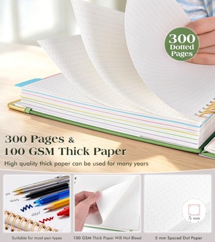 5 Subject Dotted Notebook with Removable Dividers Tabs, 300 Pages Hardcover Leather Dot Grid Spiral Journal, 8"x10" B5 Large Bullet Notebooks for Women Men Work School College Maths Sketching, Green