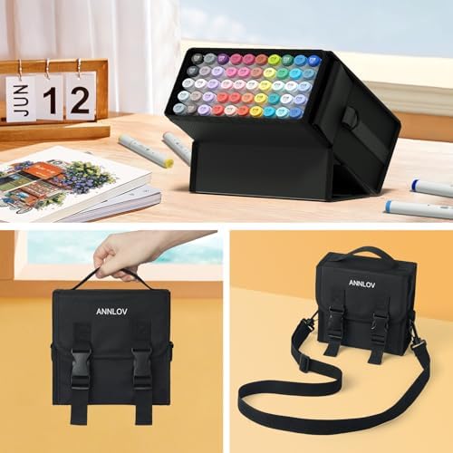ANNLOV Alcohol Markers Brush Tip, 50 Colors Dual Tip Art Marker Set with Soft Brush & Chisel Tip, Skin Tones & Blender, Tilt-Stand Easy Carrying Case for Artist Adults Coloring Illustration