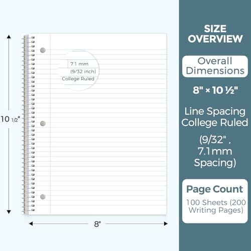 SKYDUE 8"x10.5" Spiral Notebook - College Ruled 100 Sheets, 1 Subject Notebook for School & Office, 3-Hole Punched Paper, Blue
