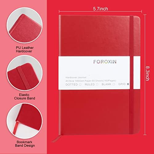 Grid Journal Bullet Notebook - Red Leather Cover, 8.3 x 5.7Inch, 160 Pages, 100gsm Paper, Hardcover with Inner Pocket, Elastic Closure and Ribbon Bookmark, Great for Women and Men
