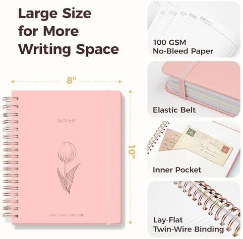 Hardcover Spiral Notebook Journal for Women & Men, Cute 5 Subject Notebook College Ruled for School & Work, Pink Journaling Notebooks with Removable Dividers Tabs, 8" x 10", 300 Pages, Tulip