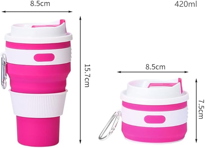 Foldable silicone coffee cup, 16 oz portable eco-friendly water cup with double lids, storage with hanging ring to save space, suitable for outdoor hiking, camping, cycling, car use (Rose Red 420ML)