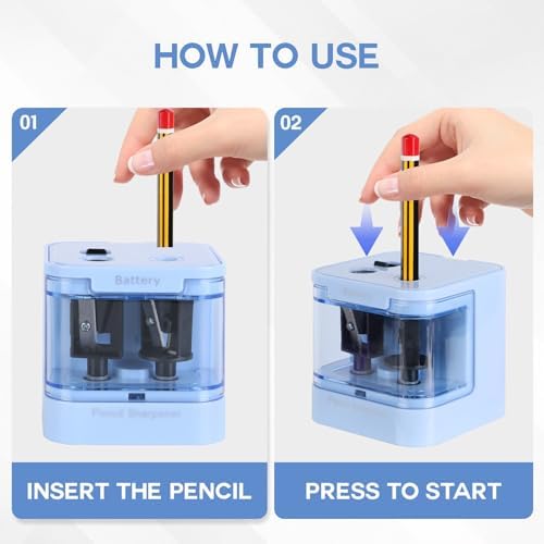 Eagle Electric Pencil Sharpener, Dual Holes, Battery Powered for School/Office/Art, 5s Fast Sharpening, Portable w/Large Shaving Tray & Replaceable Blades, for 6-12 mm Pencils(Blue)