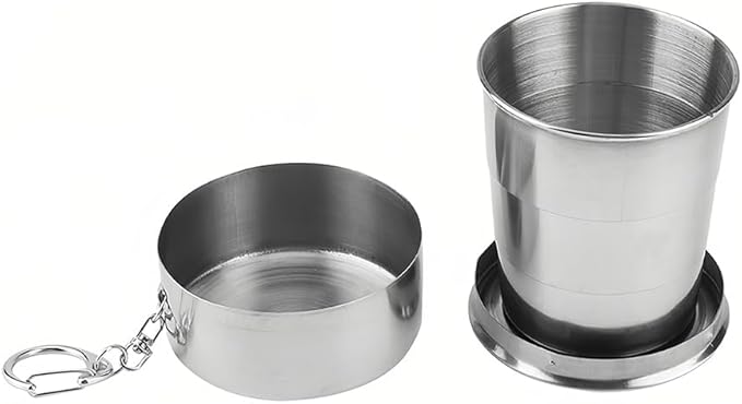 Stainless Steel Collapsible Cup, 150ml Camping Folding Cup Retractable Travel Mug with Lid Keychain Portable Drinking Outdoor Demountable Stackable Expandable Protective Cap for Hiking Picnic(M)
