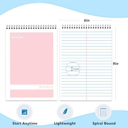 Yeplan Top Spiral Notebook 6x9 10 Pack, Steno Pads Spiral Notebooks with Gregg Ruled White Paper, Notebooks & Writing Pads for School, College, Work, Office, Home, 60 Sheets, 5 Light color