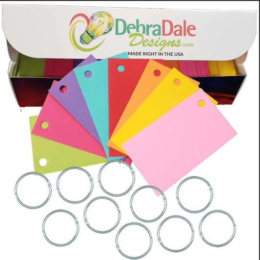 Debra Dale Designs - 560 Small Blank Study Flash Cards - Single Hole Punched - 5 Rings - 3-1/2" x 2" - 8 Bright Cardstock Colors - 70 Each Color - Premium Heavy 100# Cover Card Stock