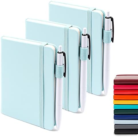 feela 3 Pack Pocket Small Notebook Journals, Mini Cute Memo Notepad Hardcover College Ruled Lined Journals with Pen Holder for Women Girls Office School, with 3 Black Pens, 3.5”x 5.5”, A6, Sky Blue