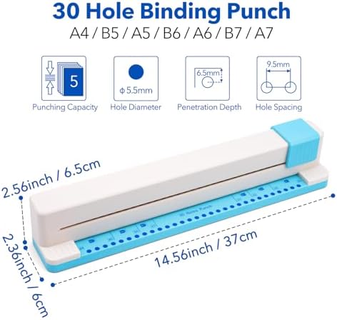 30 Hole Paper Punch, Binding Machine for Planner, A4 A5 A6 A7 B5 B6 B7 Book Binder Notebooks Loose Leaf Paper Punch Machine, Portable Adjustable Hole Puncher, 5-Sheet Capacity, for School, Office