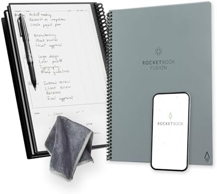Rocketbook Fusion Reusable Undated Productivity Planner, Letter Size 8.5x11, Gray - Goals, Monthly and Weekly Calendar, Daily To-do List, Lined and Dotted Notes Pages