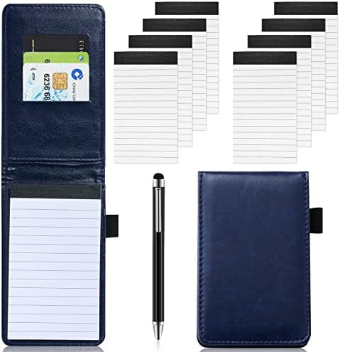 10Pcs Mini Pocket Notepad Holder Set,Durable Cover,Refillable,Leather Pocket Notebook with Pen,8Pcs 3"x5" Memo Book Refills with 30 Lined Paper Per Note Pad,Leather Notepad Pocket Business Notebook (Blue)