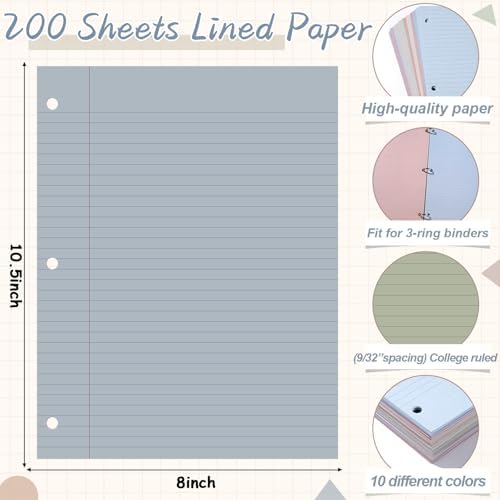 gisgfim 200 Sheets Loose Leaf Binder Paper, 8" x 10.5" Colored College Ruled Paper, 3 Hole Punched Lined Refill Inserts Thicken for 3-Ring Binders Notebooks Planner Writing School Office (Boho)