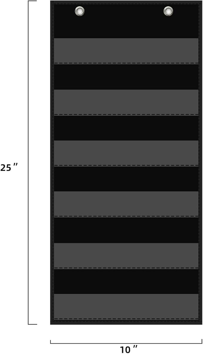 ANCOMEDO 10”W x 25”H Classroom Words Pocket Chart with 6 Clear Pockets, Black Standard Pocket Chart for Classroom and Home for Sentence Strips, Reusable Words Hanging Pocket Chart (Black)