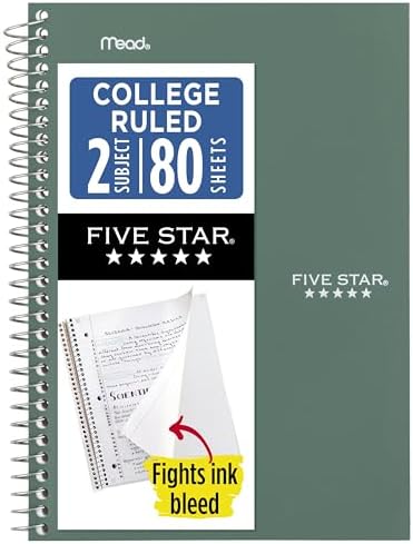 Five Star Spiral Notebook, 2 Subject, College Ruled Paper, 6" x 9-1/2", 80 Sheets, Fights Ink Bleed, Water Resistant Cover, Seaglass Green (840029CH1-ECM)