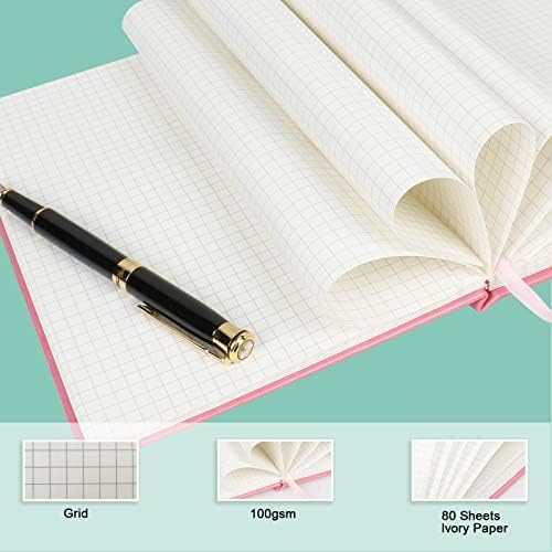 Grid Journal Bullet Notebook - Pink Leather Cover, 8.3 x 5.7Inch, 160 Pages, 100gsm Paper, Hardcover with Inner Pocket, Elastic Closure and Ribbon Bookmark, Great for Women and Men