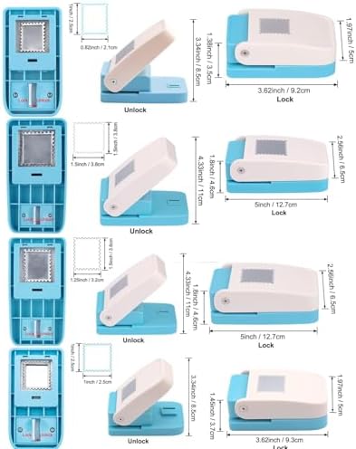 4 Size Stamp Puncher, 1 inch & 1.5 inch Square Stamp Punch, 1.5X1.25inch & 1x0.8 inch Rectangular Postage Stamps Puncher, Stamps Shaped Paper Punch, Craft Punches for Crafting DIY Scrapbooking