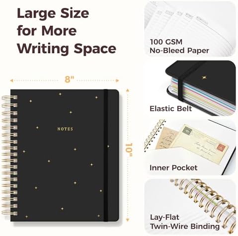 Hardcover Spiral Notebook Journal for Women & Men, Cute 5 Subject Notebook College Ruled for School & Work, Black Journaling Notebooks with Removable Dividers Tabs, 8" x 10", 300 Pages, Night Stars