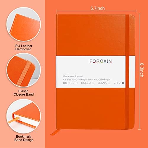 Grid Journal Bullet Notebook - Orange Leather Cover, 8.3 x 5.7Inch, 160 Pages, 100gsm Paper, Hardcover with Inner Pocket, Elastic Closure and Ribbon Bookmark, Great for Women and Men