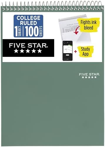 Five Star Top Spiral Notebook + Study App, 1 Subject, College Ruled Notepad, 8-1/2" x 11", 100 Sheets, Fights Ink Bleed, Water Resistant Cover, Seaglass Green (820058C-ECM) (Pack of 12)