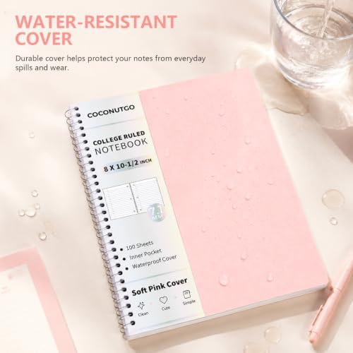 Pastel Pink Spiral Notebook, 1 Subject College Ruled, 10.5 x 8 in, 100 Sheets, 3-Hole Punched Perforated Pages, Flexible Plastic Cover, Double Pocket Folder for School Notes
